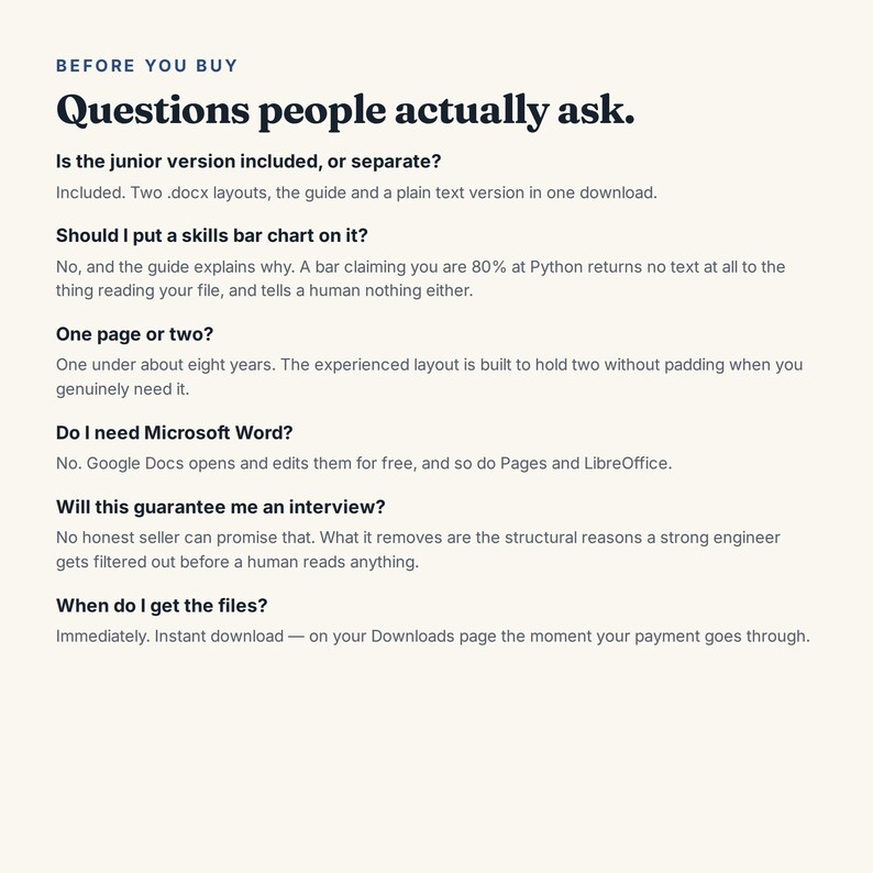 May include: A light-colored informational document titled BEFORE YOU BUY Questions people actually ask. It provides answers regarding file formats, skills bar charts, page length, software compatibility, interview guarantees, and instant download access.