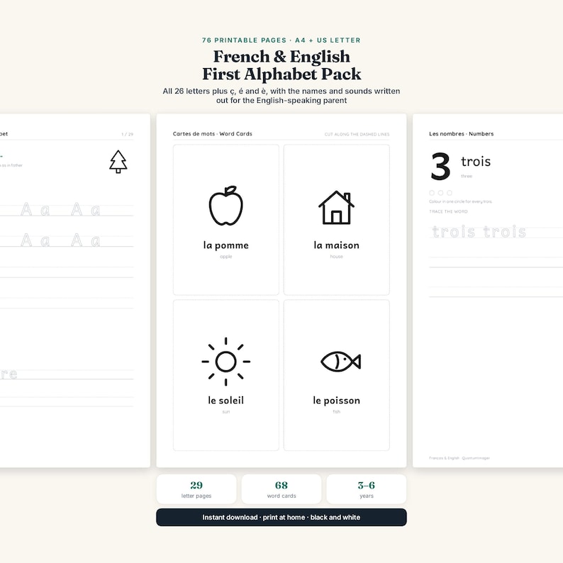 May include: A printable educational pack titled French & English First Alphabet Pack featuring 76 pages of black and white worksheets. The pages include letter tracing exercises, word cards with illustrations like an apple and house, and number practice.