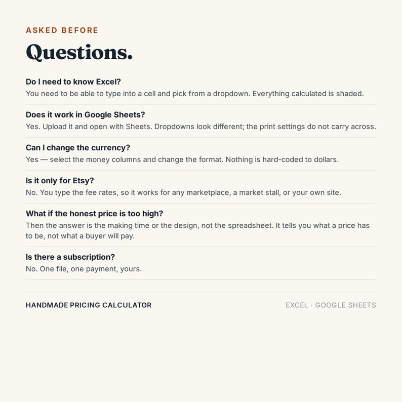 May include: A digital informational graphic titled ASKED BEFORE Questions. It lists six frequently asked questions and answers regarding a handmade pricing calculator spreadsheet compatible with Excel and Google Sheets, featuring dark text on a cream background.