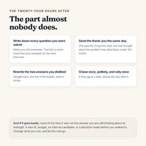May include: An infographic titled The Twenty-Four Hours After: The part almost nobody does. It features four white boxes with advice on post-interview steps, including writing down questions, sending thank-yous, and rewriting answers, plus a bottom note.