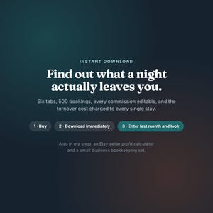 K&ouml;nnte beinhalten: Eine digitale Grafik mit dunkelblau-gr&uuml;nem Farbverlauf und dem Text: INSTANT DOWNLOAD. Find out what a night actually leaves you. Six tabs, 500 bookings, every commission editable, and the turnover cost charged to every single stay. 1. Buy, 2. Download immediately, 3. Enter last month and look. Also in my shop: an Etsy seller profit calculator and a small business bookkeeping set.