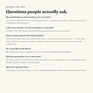 May include: An informational document titled BEFORE YOU BUY Questions people actually ask. It provides answers regarding certification status, teacher versions, international use, software compatibility, interview guarantees, and file delivery.