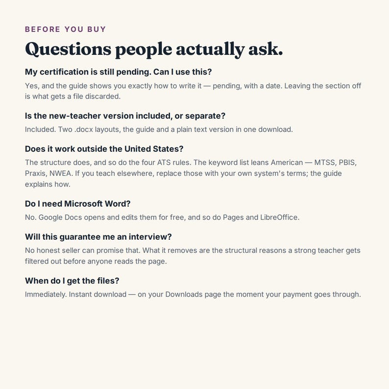 May include: An informational document titled BEFORE YOU BUY Questions people actually ask. It provides answers regarding certification status, teacher versions, international use, software compatibility, interview guarantees, and file delivery.