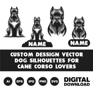 May include: Black and white vector illustrations of Cane Corso dogs in various poses. The illustrations are suitable for use in custom designs, such as t-shirts, mugs, and other merchandise. The text "NAME" appears twice in the image.