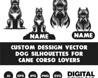 Cane Corso SVG-paket, 6 hundsilhuetter och linjekonstdesigner, Cricut- och silhuettklippfiler, vektor EPS och PNG, hundälskarepresent