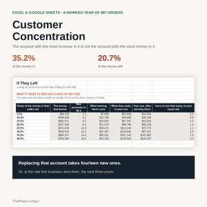 May include: An Excel and Google Sheets infographic titled Customer Concentration, displaying data on 897 orders. It features a table titled If They Left, detailing financial metrics like share of money, costs, and replacement timelines for accounts.