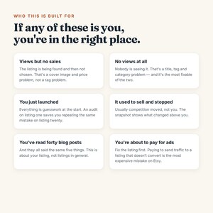 May include: A graphic with the heading Who This Is Built For and If any of these is you, you're in the right place. Six white rectangular boxes contain text describing common e-commerce challenges including views but no sales, no views, launching, sales stopping, reading blog posts, and paying for ads.