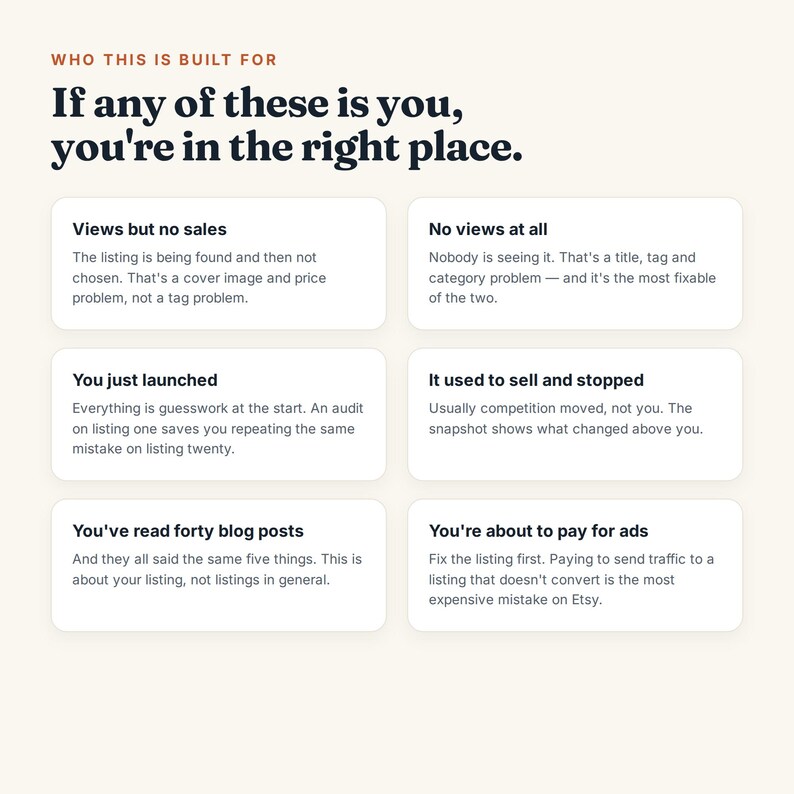 May include: A graphic with the heading Who This Is Built For and If any of these is you, you're in the right place. Six white rectangular boxes contain text describing common e-commerce challenges including views but no sales, no views, launching, sales stopping, reading blog posts, and paying for ads.