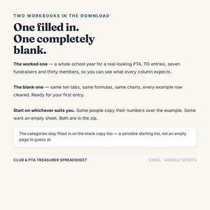 K&ouml;nnte beinhalten: Ein digitaler Download mit zwei Arbeitsmappen f&uuml;r eine Club- und PTA-Schatzmeister-Tabelle, kompatibel mit Excel und Google Sheets. Eine Arbeitsmappe enth&auml;lt 113 Eintr&auml;ge, sieben Spendenaktionen und drei&szlig;ig Mitglieder, die andere ist leer.