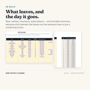 May include: A digital bill calendar template for Excel and Google Sheets titled 50 BILLS. The document features a table tracking bills, categories, amounts, payment days, and methods, alongside a running total column for debt payoff planning.