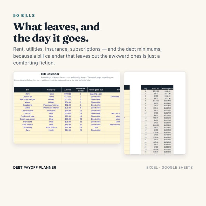 May include: A digital bill calendar template for Excel and Google Sheets titled 50 BILLS. The document features a table tracking bills, categories, amounts, payment days, and methods, alongside a running total column for debt payoff planning.