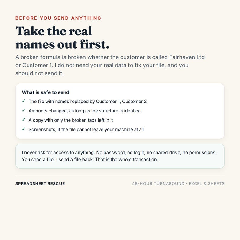 May include: An informational graphic titled Before You Send Anything, Take the real names out first. It provides instructions on data privacy for spreadsheet services, listing safe file practices and stating that no passwords or logins are required.