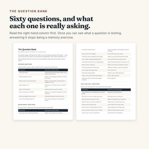 May include: A two-page document titled The Question Bank: Sixty questions, and what each one is really asking. The text is organized into tables with columns for The question and What they are actually asking, covering opening, behavioral, and skill questions.