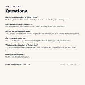 K&ouml;nnte beinhalten: Ein digitales Informationsblatt mit dem Titel ASKED BEFORE Questions. Es enth&auml;lt h&auml;ufig gestellte Fragen zu einem Inventar-Tracker f&uuml;r Wiederverk&auml;ufer f&uuml;r Excel und Google Sheets, einschlie&szlig;lich Themen wie Importe, W&auml;hrungen und Abonnements.