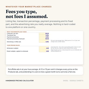 May include: A digital pricing calculator interface titled Handmade Pricing Calculator. It features text fields for marketplace fees and pricing rules, including listing fees, transaction percentages, and multipliers, with input cells for custom data entry.