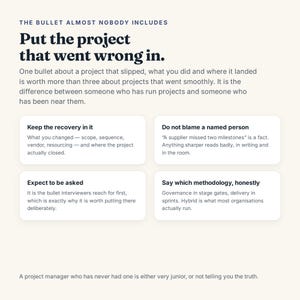 May include: An informational graphic with dark blue text on a cream background. The header reads THE BULLET ALMOST NOBODY INCLUDES, followed by Put the project that went wrong in. It includes four white rectangular boxes with advice for resumes.