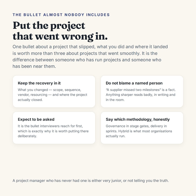 May include: An informational graphic with dark blue text on a cream background. The header reads THE BULLET ALMOST NOBODY INCLUDES, followed by Put the project that went wrong in. It includes four white rectangular boxes with advice for resumes.