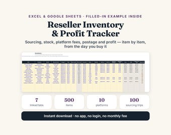 Reseller Inventory Tracker, eBay Vinted Poshmark Profit Log (Excel Google Sheets)