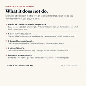 K&ouml;nnte beinhalten: Ein digitales Dokument mit dem Titel READ THIS BEFORE BUYING What it does not do. Es listet f&uuml;nf Einschr&auml;nkungen f&uuml;r einen Tutor & Music Teacher Tracker f&uuml;r Excel und Google Sheets auf, darunter das Fehlen von Automatisierung und Rechnungsstellung.