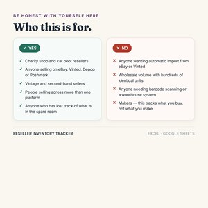 K&ouml;nnte beinhalten: Ein digitaler Inventar-Tracker f&uuml;r Wiederverk&auml;ufer f&uuml;r Excel und Google Sheets. Die Grafik zeigt eine Vergleichstabelle mit dem Titel 'Who this is for.' mit einer 'YES'-Spalte f&uuml;r Zielnutzer und einer 'NO'-Spalte f&uuml;r ausgeschlossene Nutzergruppen.