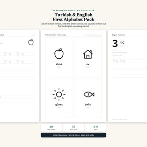 K&ouml;nnte beinhalten: Ein druckbares Lernpaket mit dem Titel Turkish & English First Alphabet Pack mit 69 Seiten. Die schwarz-wei&szlig;en Arbeitsbl&auml;tter enthalten &Uuml;bungen zum Nachspuren von Buchstaben, Wortkarten mit Illustrationen sowie Seiten zum &Uuml;ben von Zahlen.