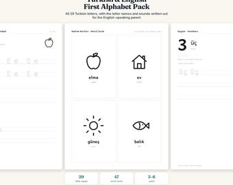Turkish Alphabet Pack, Bilingual Flashcards, Tracing Worksheets (PDF Download)