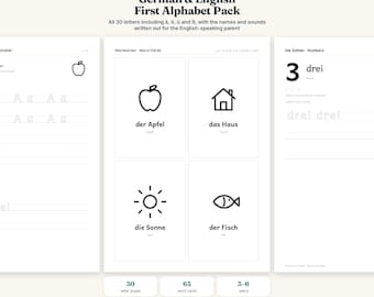 German Alphabet Pack for Kids, Bilingual Flashcards, Tracing Worksheets, Learn German Printable (PDF Download)