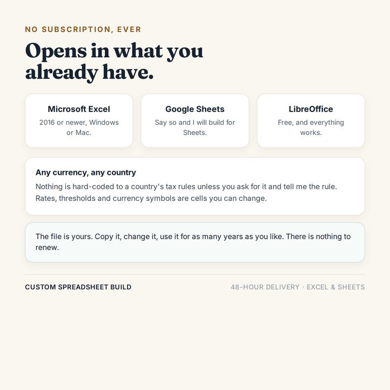 May include: A digital graphic with the text NO SUBSCRIPTION, EVER and Opens in what you already have. It lists compatibility with Microsoft Excel, Google Sheets, and LibreOffice. It notes support for any currency and country, and states the file is yours.