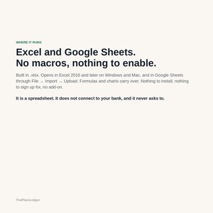 May include: A digital document with the text: WHERE IT RUNS. Excel and Google Sheets. No macros, nothing to enable. Built in .xlsx. Opens in Excel 2016 and later on Windows and Mac, and in Google Sheets through File &rarr; Import &rarr; Upload. It is a spreadsheet.