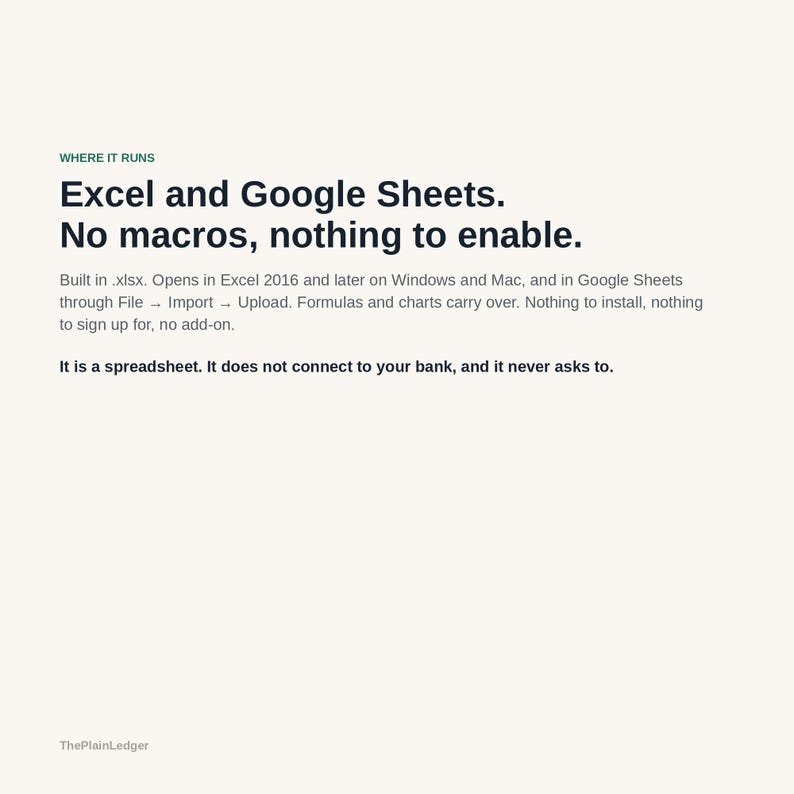 May include: A digital document with the text: WHERE IT RUNS. Excel and Google Sheets. No macros, nothing to enable. Built in .xlsx. Opens in Excel 2016 and later on Windows and Mac, and in Google Sheets through File &rarr; Import &rarr; Upload. It is a spreadsheet.