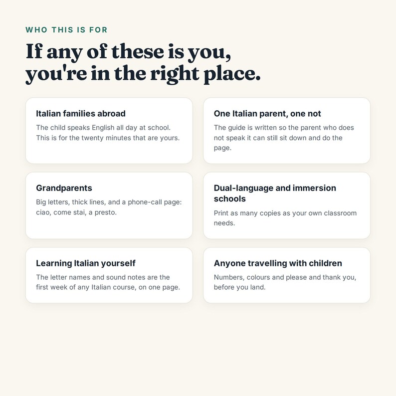 May include: A white informational graphic with dark text titled Who this is for. It lists six categories: Italian families abroad, One Italian parent, one not, Grandparents, Dual-language and immersion schools, Learning Italian yourself, and Anyone travelling with children.