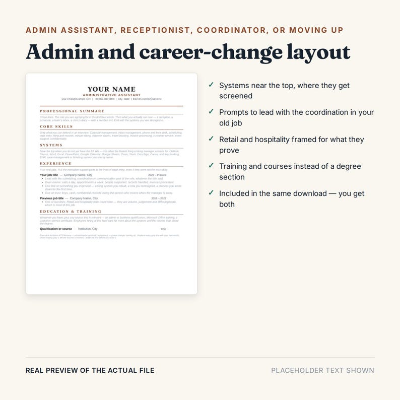 以下が含まれることがあります： Admin and career-change layoutというタイトルの履歴書テンプレート。専門的な要約、コアスキル、システム、経験、教育のセクションが含まれています。ドキュメントにはプレースホルダーテキストと、デザインの特徴を示すリストが記載されています。