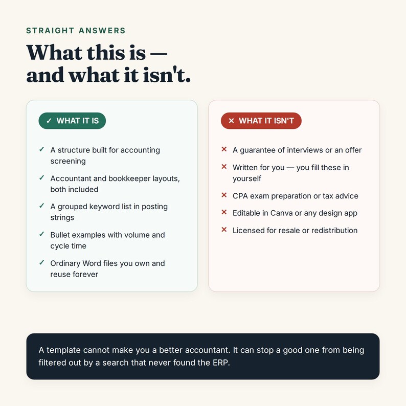May include: An informational graphic titled Straight Answers: What this is &mdash; and what it isn't. It features two side-by-side boxes with green checkmarks for what it is and red x-marks for what it isn't, detailing features of an accounting template.