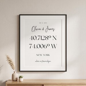 May include: A framed wall print featuring the text MR & MRS, the names Olivia & James, the coordinates 40.7128 N and 74.006 W, the location NEW YORK, and the phrase where our forever began in black ink on a white background with a black frame.