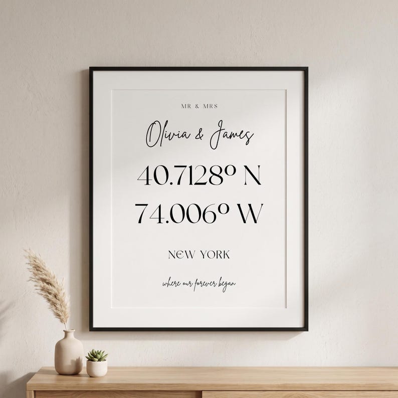 May include: A framed wall print featuring the text MR & MRS, the names Olivia & James, the coordinates 40.7128 N and 74.006 W, the location NEW YORK, and the phrase where our forever began in black ink on a white background with a black frame.