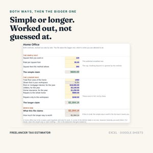Puede incluir: Una hoja de c&aacute;lculo digital titulada Freelancer Tax Estimator para Excel y Google Sheets. El documento muestra un c&aacute;lculo de impuestos para oficina en casa comparando un m&eacute;todo simple y uno largo, con datos num&eacute;ricos y etiquetas de texto.