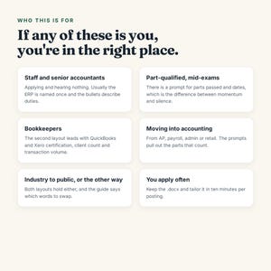 May include: A white informational graphic with dark text titled Who this is for. It lists six categories for accounting professionals including staff accountants, bookkeepers, and those moving into accounting, with brief descriptions for each.