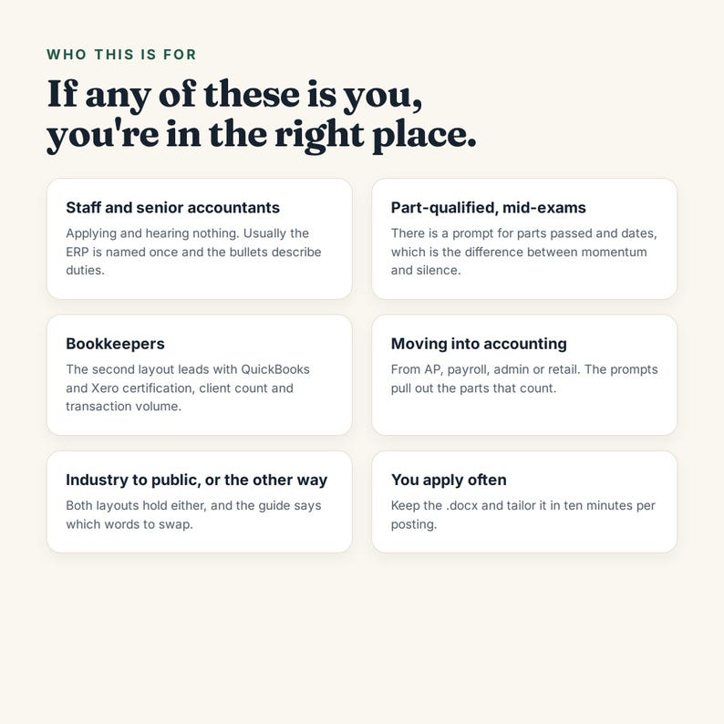 May include: A white informational graphic with dark text titled Who this is for. It lists six categories for accounting professionals including staff accountants, bookkeepers, and those moving into accounting, with brief descriptions for each.