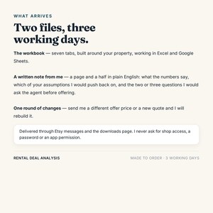Peut inclure: Un document num&eacute;rique intitul&eacute; Rental Deal Analysis d&eacute;taillant un service fournissant deux fichiers en trois jours ouvrables. Il comprend un classeur de sept onglets pour Excel et Google Sheets, une note &eacute;crite et une r&eacute;vision via Etsy.