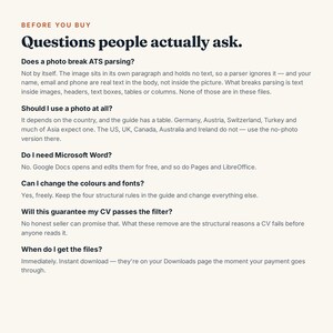 May include: An informational document titled BEFORE YOU BUY Questions people actually ask. It provides answers regarding ATS parsing, photo usage, software compatibility, design customization, CV filter guarantees, and file delivery timelines.