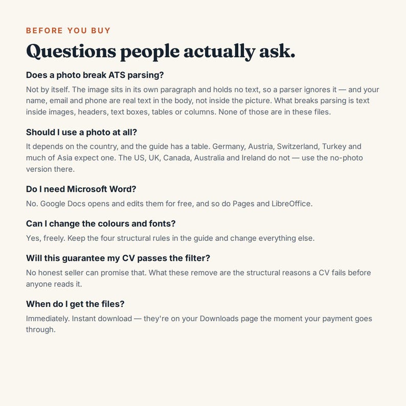 May include: An informational document titled BEFORE YOU BUY Questions people actually ask. It provides answers regarding ATS parsing, photo usage, software compatibility, design customization, CV filter guarantees, and file delivery timelines.