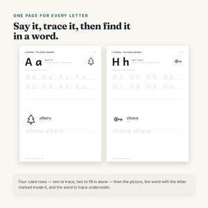 May include: Two white educational worksheets titled L'alfabeto - The Italian Alphabet. Each page features a large letter, tracing lines, a small icon, and a corresponding word to trace. The top text reads: ONE PAGE FOR EVERY LETTER. Say it, trace it, then find it in a word.