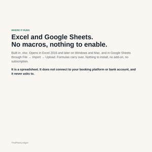 Peut inclure: Un graphique d'information num&eacute;rique avec le texte : WHERE IT RUNS. Excel and Google Sheets. No macros, nothing to enable. Built in .xlsx. Opens in Excel 2016 and later on Windows and Mac. No install, no add-on, no subscription. ThePlainLedger.