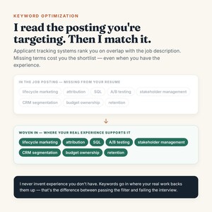May include: An infographic titled Keyword Optimization explaining resume matching. It shows two boxes: one with light gray tags for missing terms and one with dark green tags for woven-in terms, connected by an arrow, with explanatory text below.