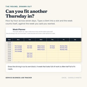 May include: A digital week planner template for service businesses titled The Round, Drawn Out. It features a grid with time slots from 07:00 to 17:00 across Monday through Saturday, populated with client names like The Vicarage and Mrs Hale.