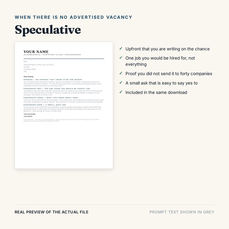 K&ouml;nnte beinhalten: Eine Dokumentvorlage mit dem Titel Speculative und der &Uuml;berschrift When there is no advertised vacancy. Sie enth&auml;lt ein Anschreiben-Layout mit Platzhaltern f&uuml;r Kontaktinformationen und vier Abs&auml;tzen sowie eine Liste mit f&uuml;nf Checklistenpunkten.