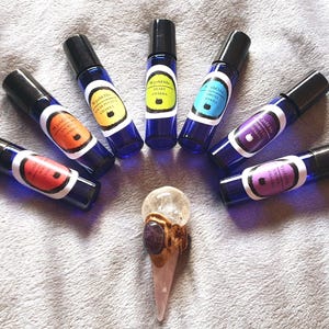 WychOils 7 Chakras Crystal Infused Rollerblend Massage Oils. Chakra oil set. Chakra oil