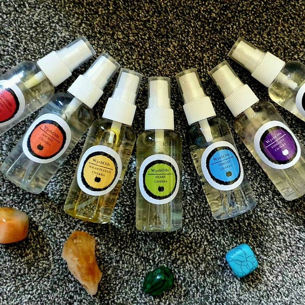 The Seven Chakras Essential Oil Aura Spray Set. Crystal Infused. WychOils.chakra oil Set. Chakra oil. crystal infused oil