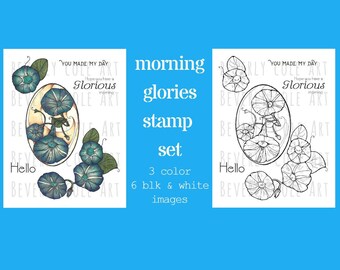 Morning Glories Stamp Set for collage, cards, scrapbooking and all types of paper crafting. Hand drawn and colored by Beverly Cole Floral