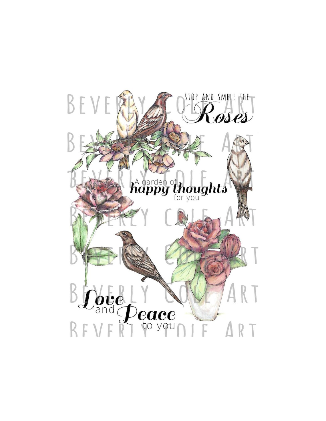 Vintage Roses & Birds Digital Stamp Set. For cards journals image 0